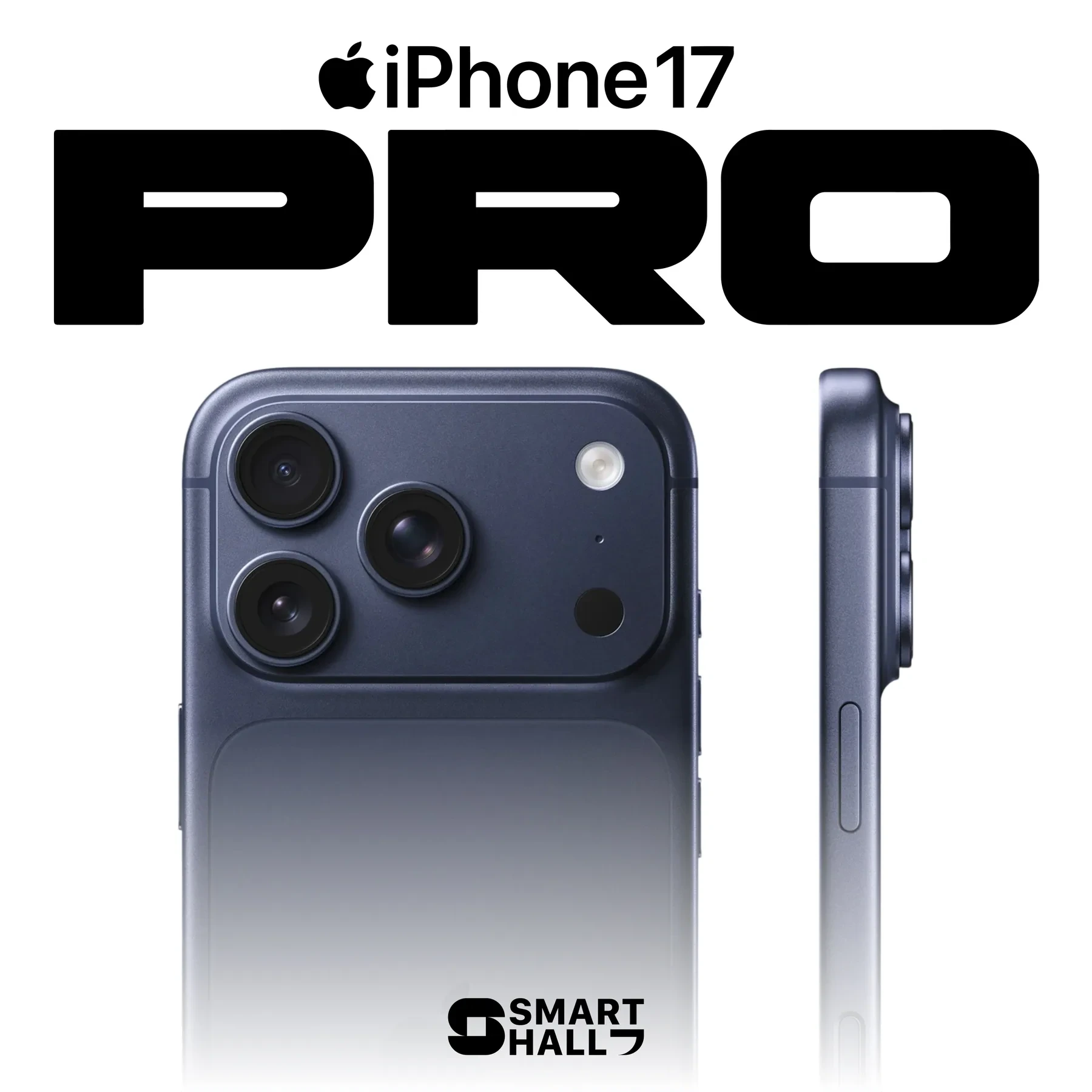 Тёмно-синий iPhone 17 Pro, вид сзади и сбоку